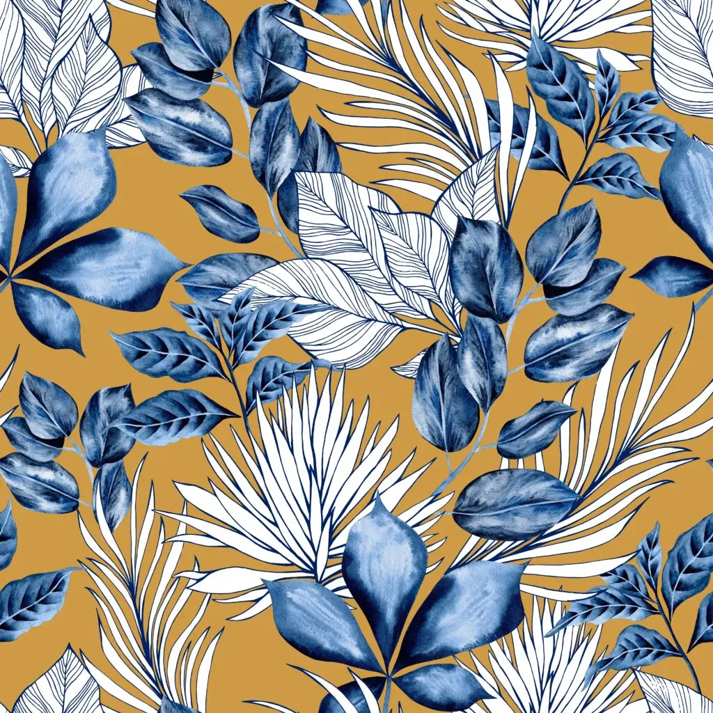 Seamless tropical leaf pattern with watercolor blue leaves and white line art on a mustard yellow background.
